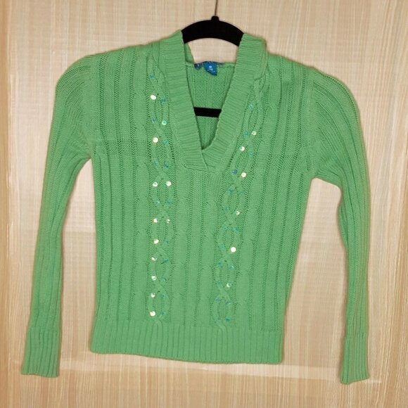 The Childrens Place Green V-Neck Cable Sweater - Picture 1 of 7